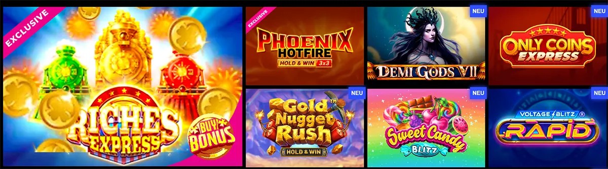 Online casino slot selection featuring Riches Express, Phoenix Hotfire, Demi Gods VII, Only Coins Express, Gold Nugget Rush, Sweet Candy Blitz, and Rapid.