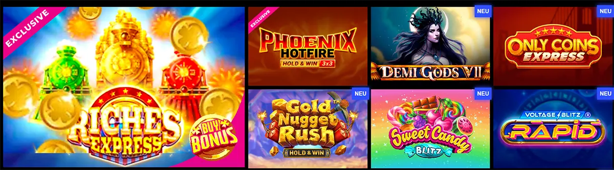 Online casino slot selection featuring Riches Express, Phoenix Hotfire, Demi Gods VII, Only Coins Express, Gold Nugget Rush, Sweet Candy Blitz, and Rapid.