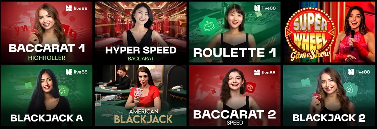 Live casino game thumbnails featuring Baccarat, Hyper Speed Baccarat, Roulette, Super Wheel Game Show, Blackjack A, American Blackjack, Baccarat Speed, and Blackjack 2 with real dealers.