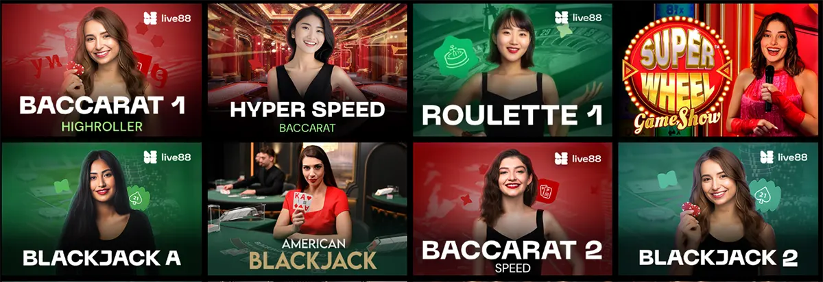 Live casino game thumbnails featuring Baccarat, Hyper Speed Baccarat, Roulette, Super Wheel Game Show, Blackjack A, American Blackjack, Baccarat Speed, and Blackjack 2 with real dealers.
