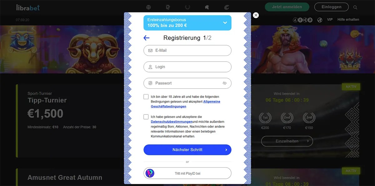 Online casino registration form showing email, login, password fields and bonus offer in German.