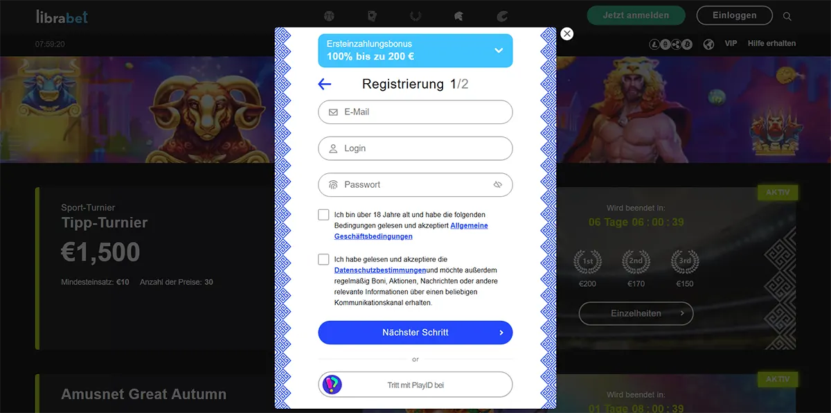 Online casino registration form showing email, login, password fields and bonus offer in German.
